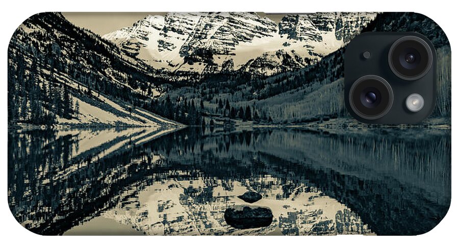 Aspen Colorado iPhone Case featuring the photograph Aspen Peaks of Colorado - Maroon Bells Mountain Landscape Panorama in Sepia by Gregory Ballos