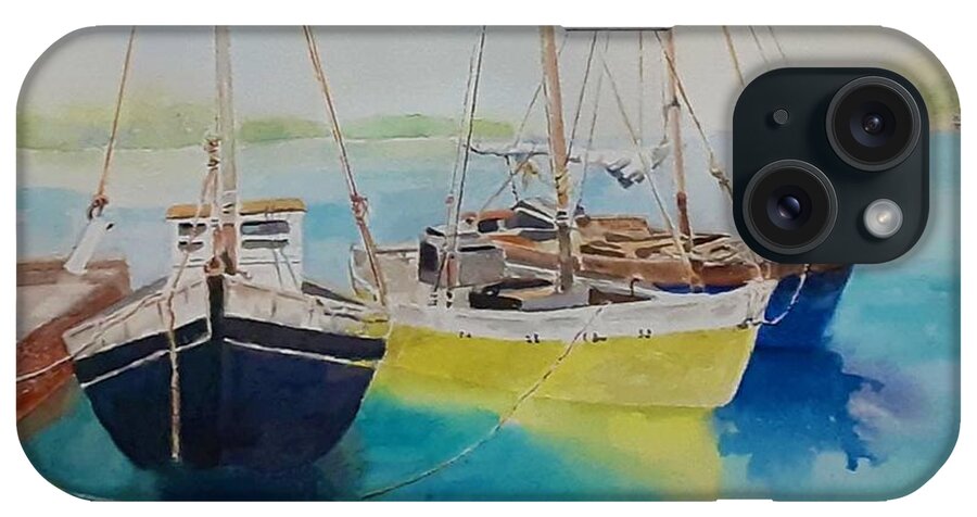 Fishing Boats iPhone Case featuring the painting At Anchor by Celene Terry