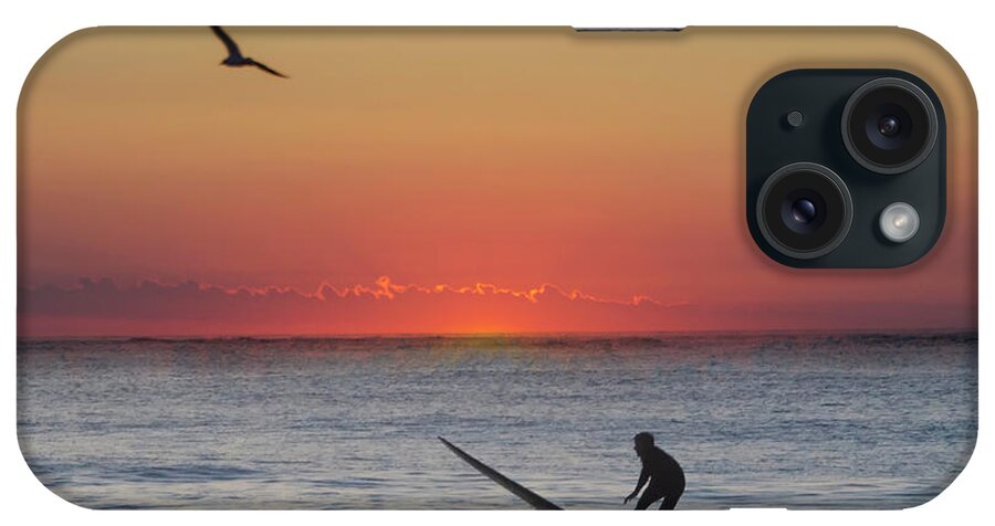 Sunrise iPhone Case featuring the photograph At Sunrise - Surfer in Ocean City New Jersey by Bill Cannon