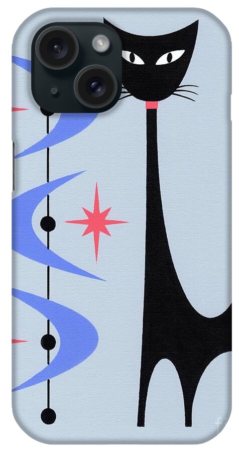 Mid Century Cat iPhone Case featuring the painting Atomic Cat Gray with Blue Boomerangs by Donna Mibus