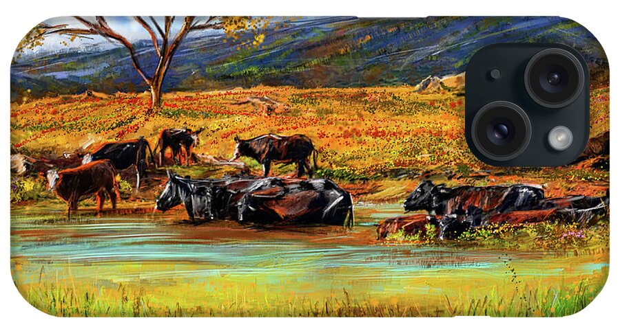 Cows iPhone Case featuring the painting Autumn Cows -Cattle Bathroom Artwork by Lourry Legarde
