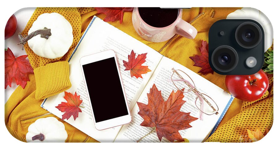 Autumn iPhone Case featuring the photograph Autumn Fall Thanksgiving hygge flatlay with sweater, reading glasses and book. by Milleflore Images
