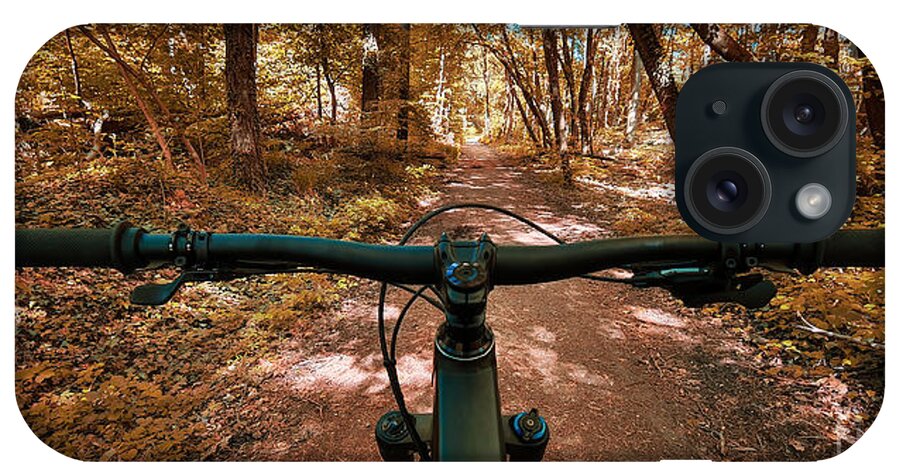 Trail iPhone Case featuring the photograph Autumn mountain bike trail with handlebars in the foreground by Mendelex Photography
