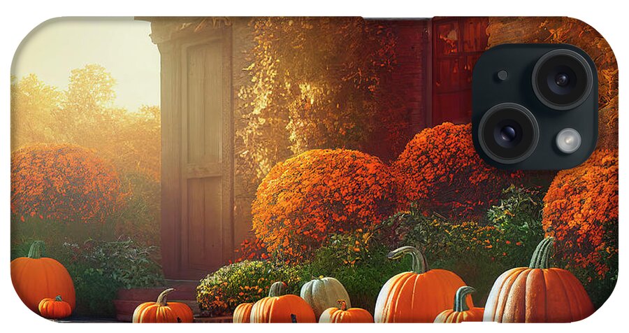 Thanksgiving iPhone Case featuring the digital art Autumn pumpkins decoration in home garden. Traditional thanksgiv by Jelena Jovanovic