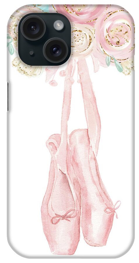Ballerina iPhone Case featuring the digital art Ballerina Ballet Shoes Floral Feather Watercolor Gold Pink Mint by Pink Forest Cafe