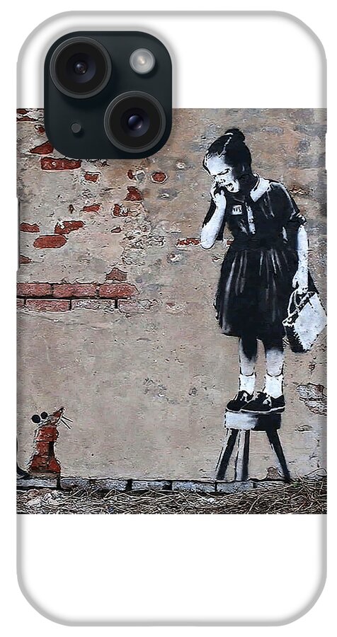 Banksy iPhone Case featuring the mixed media Banksy Girl on Stool Scared Of Rat by Banksy