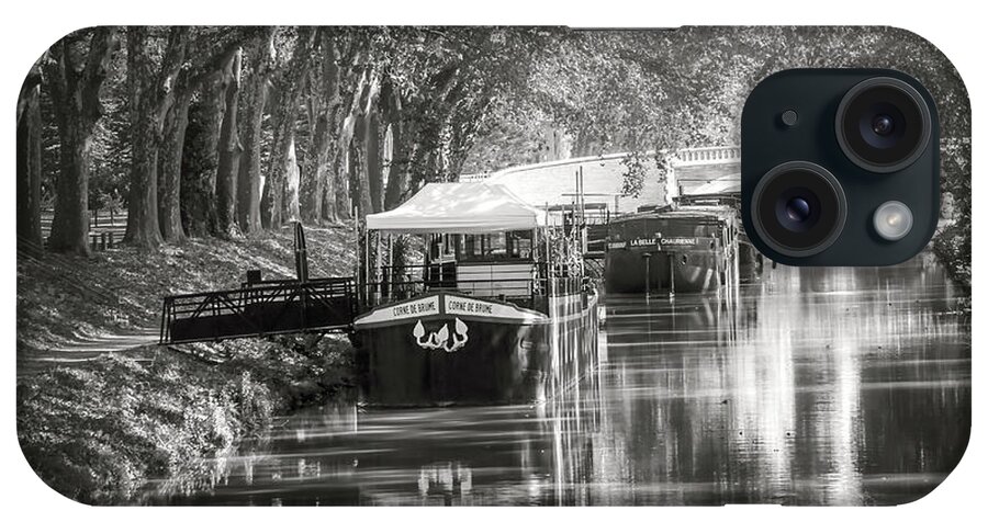 Toulouse iPhone Case featuring the photograph Barges on Canal de Brienne Toulouse France Black and White by Carol Japp