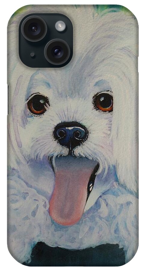 Little White Dog Peekapoo Toy Dog Bichon Frise Poodle Small Dog Corkscrew Curls Canine Lap Dog Little Dog Puppy Watercolor Pet Animal White Dog Toy Poodle Purebred Purebred Dog iPhone Case featuring the painting Baxter by Dale Bernard