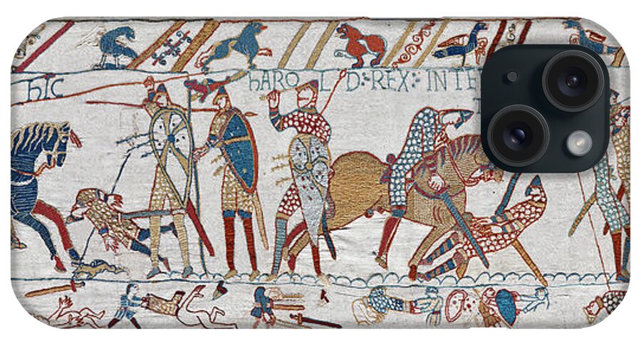William The Conqueror iPhone Case featuring the tapestry - textile Bayeux Tapestry scene 57 King Harold is killed by an arrow in his eye by Paul E Williams