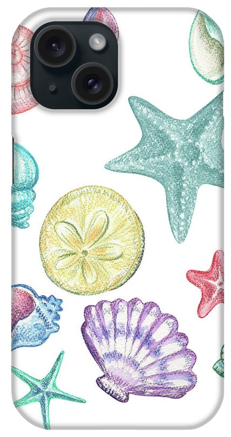 Beach Art iPhone Case featuring the painting Beach Art Watercolor Sea Shells And Stars Art III by Irina Sztukowski