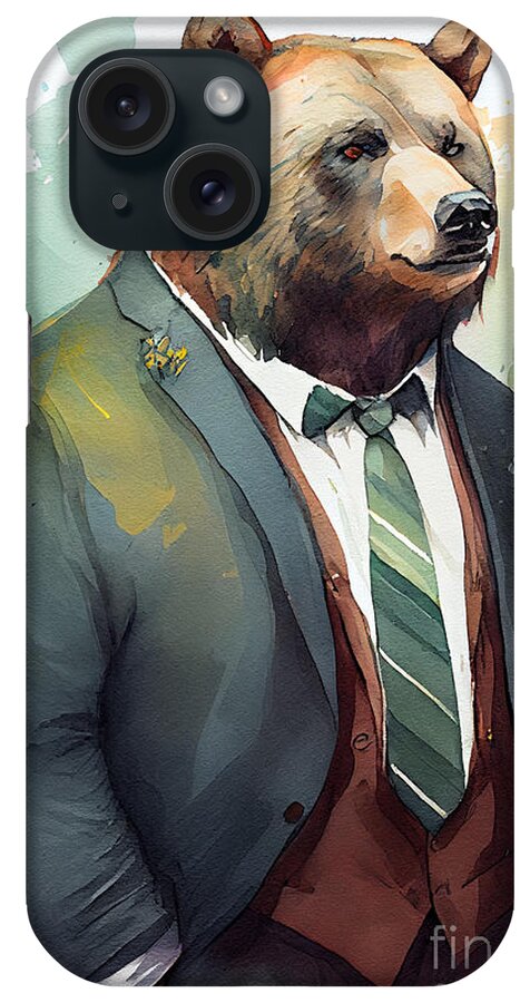 Bear iPhone Case featuring the painting Bear in Suit Watercolor Hipster Animal Retro Costume by Jeff Creation
