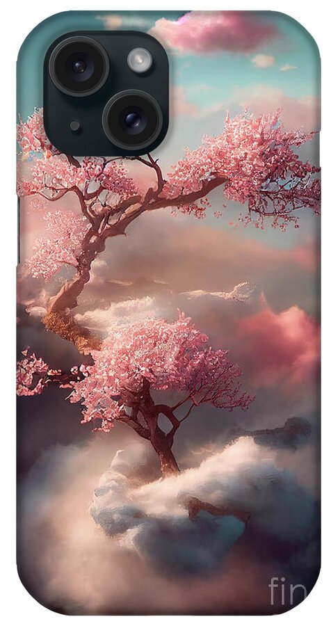 Cherry iPhone Case featuring the digital art Beautiful dreamy cherry blossom tree from heavenly clouds. Abstr by Jelena Jovanovic