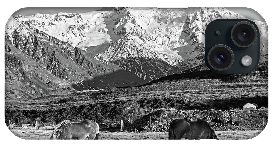 Iceland iPhone Case featuring the photograph Beautiful Icelandic Horses in front of a Snow Covered Mountain Iceland Black and White by Toby McGuire