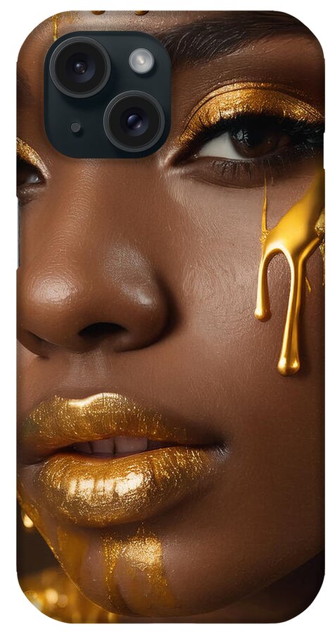 Dripping Paint iPhone Case featuring the photograph Beautiful woman face with golden lipstick by Mounir Khalfouf