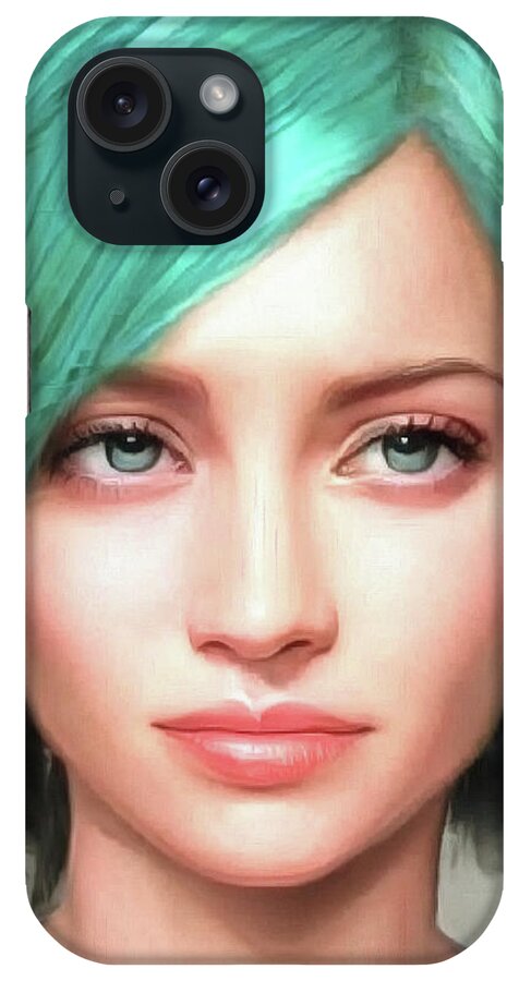 Woman iPhone Case featuring the digital art Beautiful Woman with Green Hair Portrait 01 by Matthias Hauser
