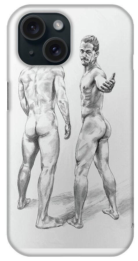 Male Nude iPhone Case featuring the drawing Beckoning Bros by Marc DeBauch