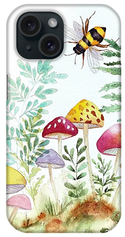 Bee iPhone Case featuring the painting Bee and Mushrooms by Hilda Vandergriff