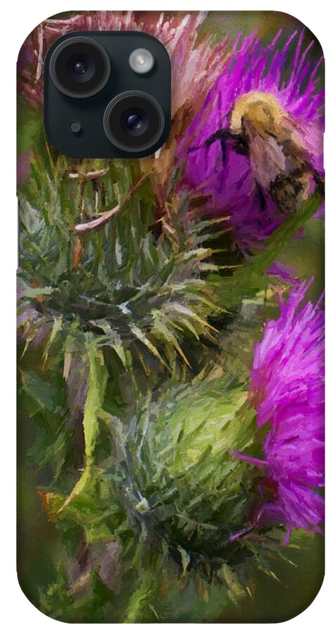 Nature iPhone Case featuring the digital art Bee on a Thistle Flower by Charmaine Zoe
