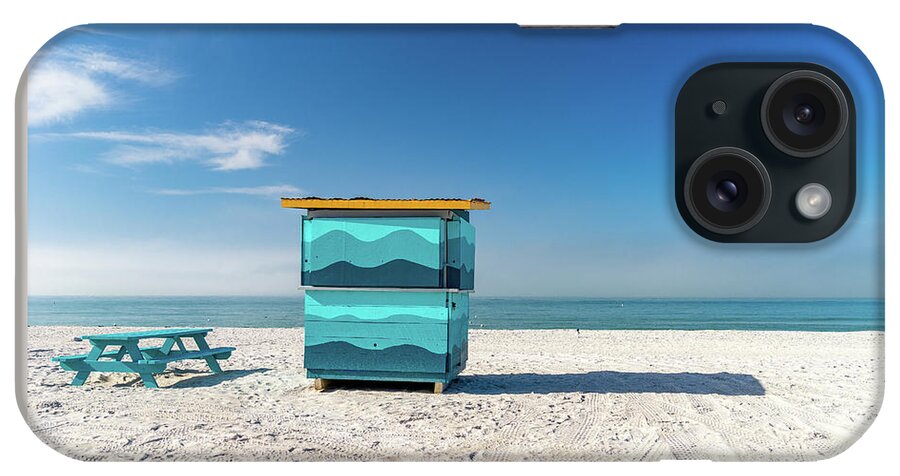Color Image Horizontal St Pete Beach ×overcast ×morning ×beach ×gulf Of Mexico ×sand ×tranquility ×sea ×seascape ×florida - Us State ×beach Hut ×kiosk ×water ×photography ×seagull ×no People ×scenic - Nature ×coastline ×sky ×nature ×cloud - Sky ×travel ×hut ×lifeguard Hut ×travel Destinations × iPhone Case featuring the photograph Before the day Starts by Marian Tagliarino