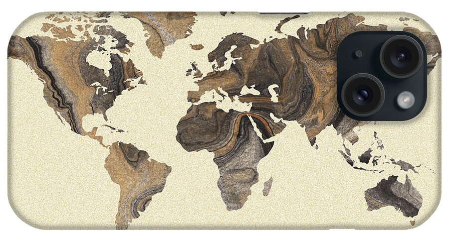 World Map iPhone Case featuring the painting Beige Jasper Stone Silhouette World Map Watercolor by Irina Sztukowski