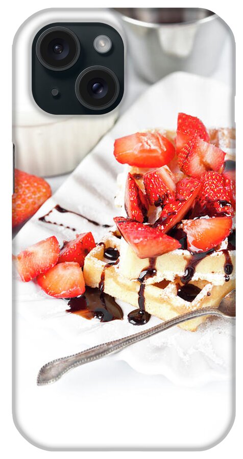 Waffles iPhone Case featuring the photograph Belgium waffers with sugar powder, strawberries and chocolate on by Liss Art Studio