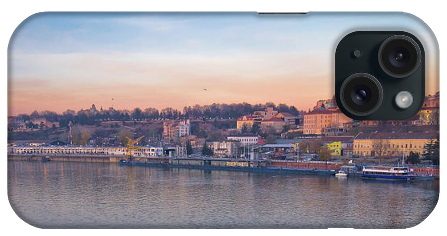 Belgrade iPhone Case featuring the photograph Belgrade Danube river boats and cityscape panoramic view by Brch Photography
