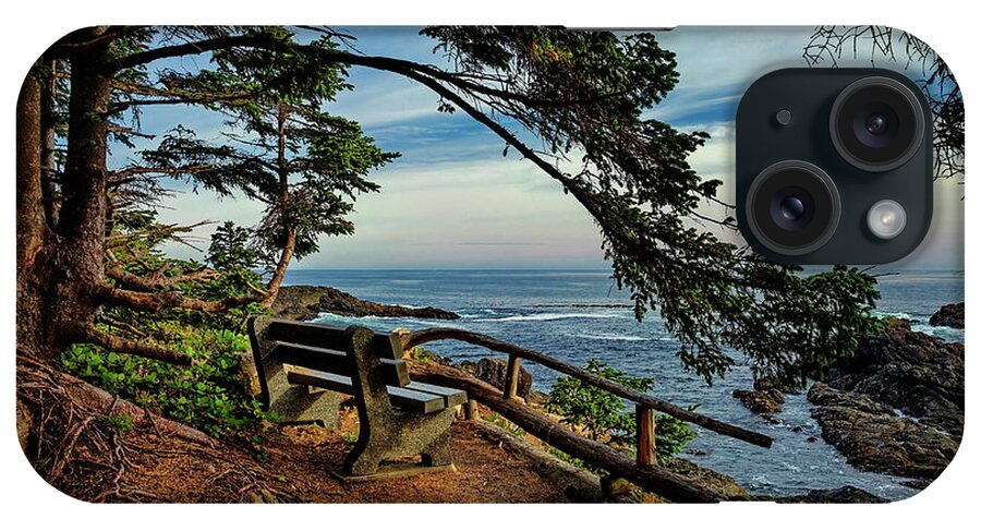  Alex Lyubar iPhone Case featuring the photograph Bench on the cliff over the seashore by Alex Lyubar