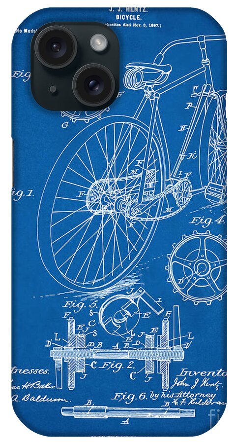Bicycle Poster iPhone Case featuring the mixed media Bicycle Patent Blueprint Year 1899 USA Vintage Patent Art Print Drawing Artwork by Kithara Studio