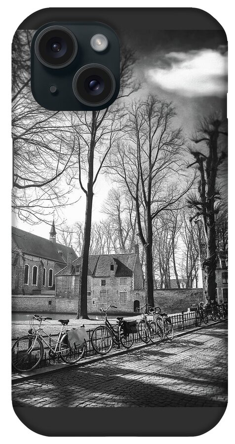 Bruges iPhone Case featuring the photograph Bicycles of Bruges Belgium Black and White by Carol Japp