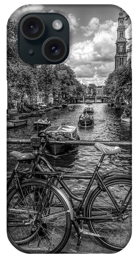 Boats iPhone Case featuring the photograph Bicycles on the Canals II in Black and White by Debra and Dave Vanderlaan