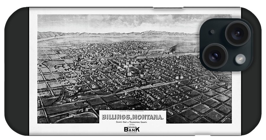 Billings iPhone Case featuring the photograph Billings Montana Antique Map Birds Eye View 1904 Black and White by Carol Japp