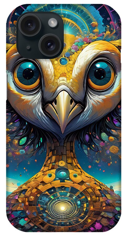 Tim Burton Style Weird Psychedelic Lsd Dmt Puffins Made Of Fractals And Flowers iPhone Case featuring the digital art Bird's Eye View by Tricky Woo