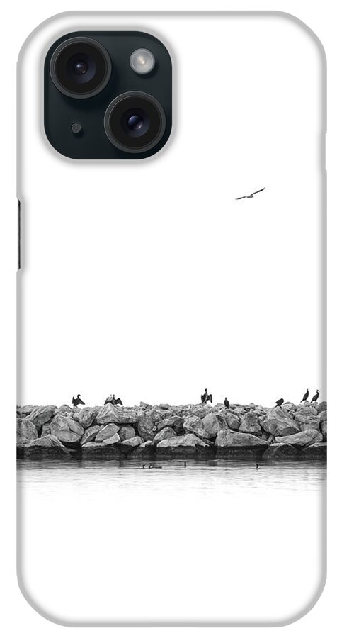 Breakwater iPhone Case featuring the photograph Birds on a Breakwater in Black and White by Alexios Ntounas
