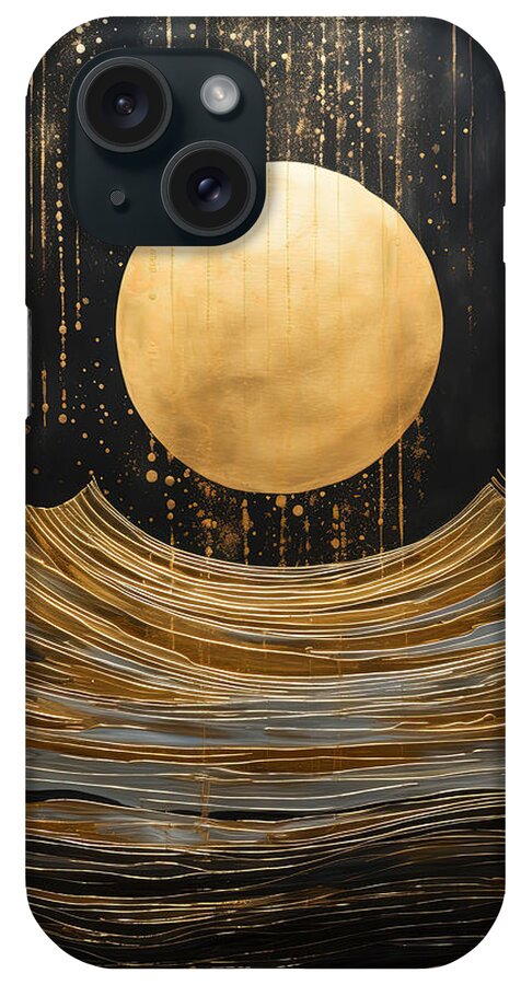 Black And Gold Seascape With Huge Golden Moon iPhone Case featuring the painting Black and Gold Seascape Paintings by Lourry Legarde