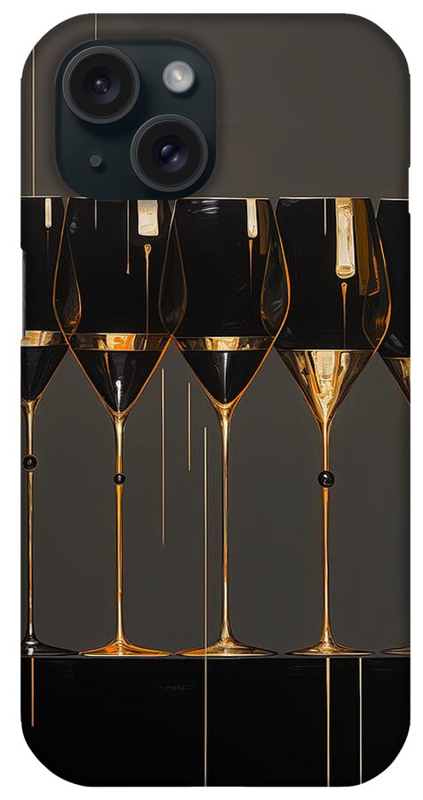 Modern Black And Gold Wine Glasses Art iPhone Case featuring the painting Black and Gold Wine Still Life by Lourry Legarde