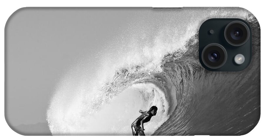 Surf iPhone Case featuring the photograph Black and White Print of a Surfer Surfing at Pipeline Hawaii by Paul Topp