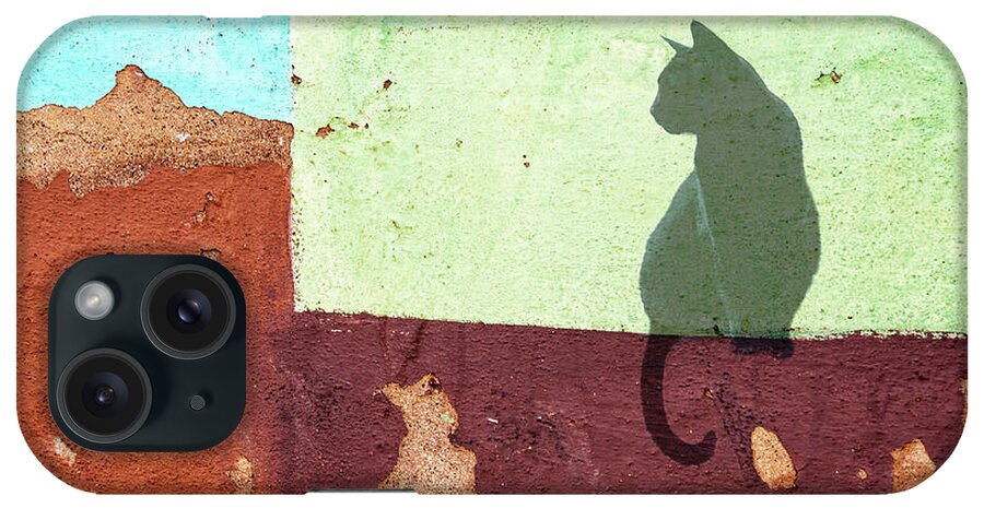 Black iPhone Case featuring the photograph Black cat sitting on a wall by Delphimages Photo Creations