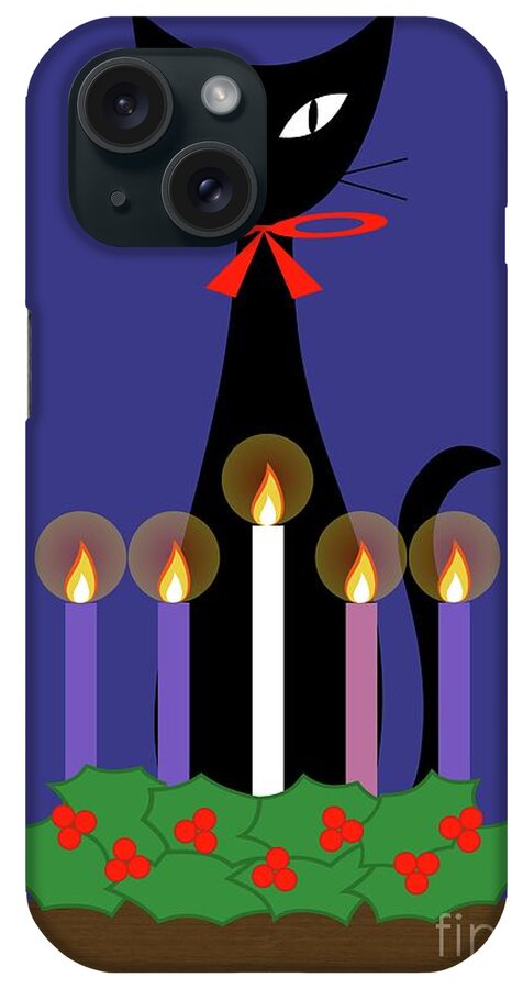 Christmas iPhone Case featuring the digital art Black Cat with Christmas Advent Wreath by Donna Mibus