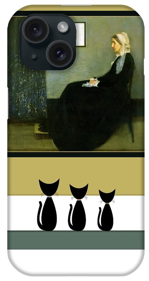 Cats At Museum iPhone 15 Case featuring the digital art Black Cats Admire Whistler's Mother Painting by Donna Mibus