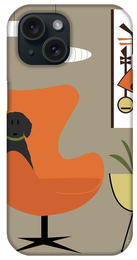 Mid Century Modern iPhone Case featuring the digital art Black Dog in Orange Mid Century Chair by Donna Mibus