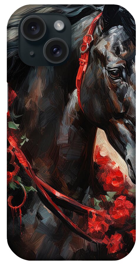 Horse With Roses iPhone Case featuring the painting Black Horse with Wreath of Roses by Lourry Legarde