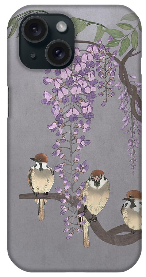 Bird iPhone Case featuring the digital art Blooming Wisteria and Sparrows by M Spadecaller