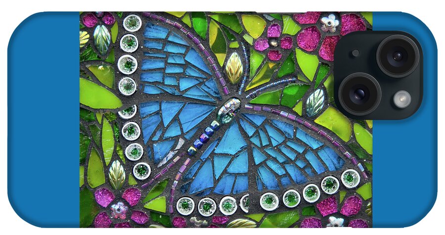 Butterfly iPhone Case featuring the glass art Blue Beauty by Cherie Bosela