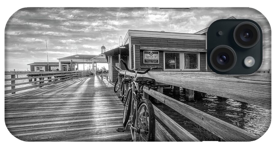 Clouds iPhone Case featuring the photograph Blue Bicycles on the Jekyll Island Boardwalk Pier Black and Whit by Debra and Dave Vanderlaan