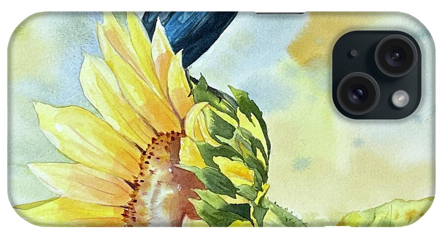 Bluebird iPhone Case featuring the painting Blue Bird on Sunflower by Hilda Vandergriff
