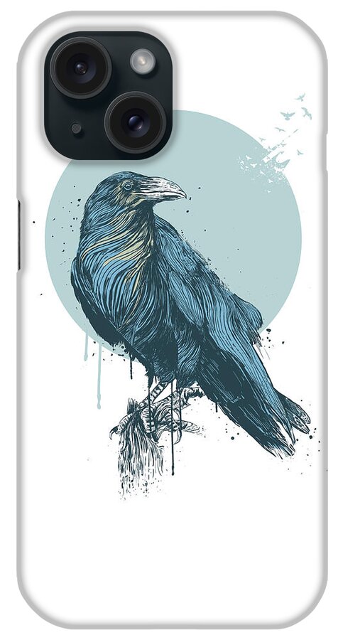 Birds iPhone Case featuring the drawing Blue crow by Balazs Solti