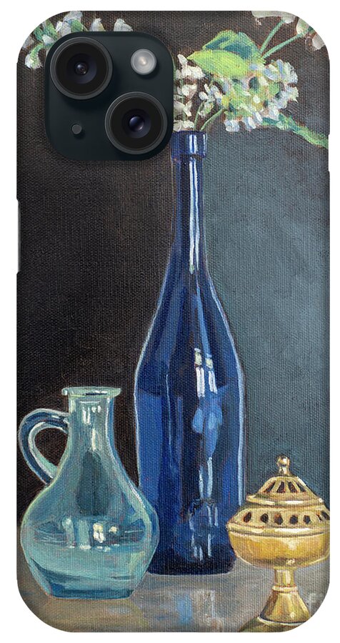 Taste iPhone Case featuring the painting Blue Glass Wine Bottle with Flowers Water Jug and Censer Still Life by Pablo Avanzini