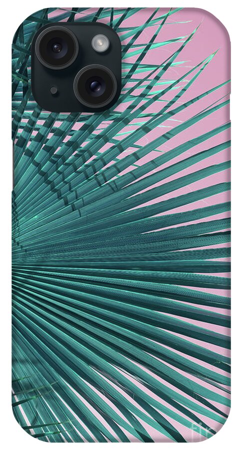 Palm Leaf iPhone Case featuring the photograph Blue-green palm leaf and pink sky, beach season by Adriana Mueller