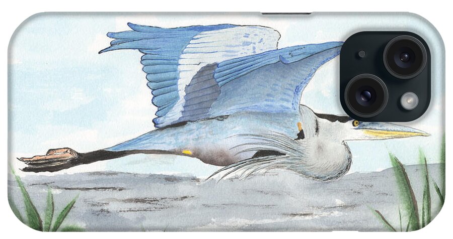 Blue Heron In Flight iPhone Case featuring the painting Blue Heron In Flight by Bob Labno