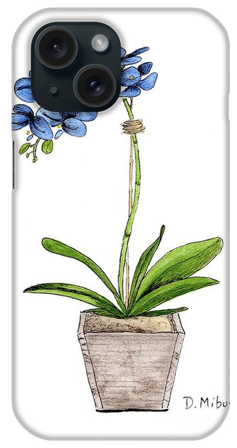 Blue Mystique Orchids iPhone Case featuring the painting Blue Mystique Orchids in Wood Planter by Donna Mibus